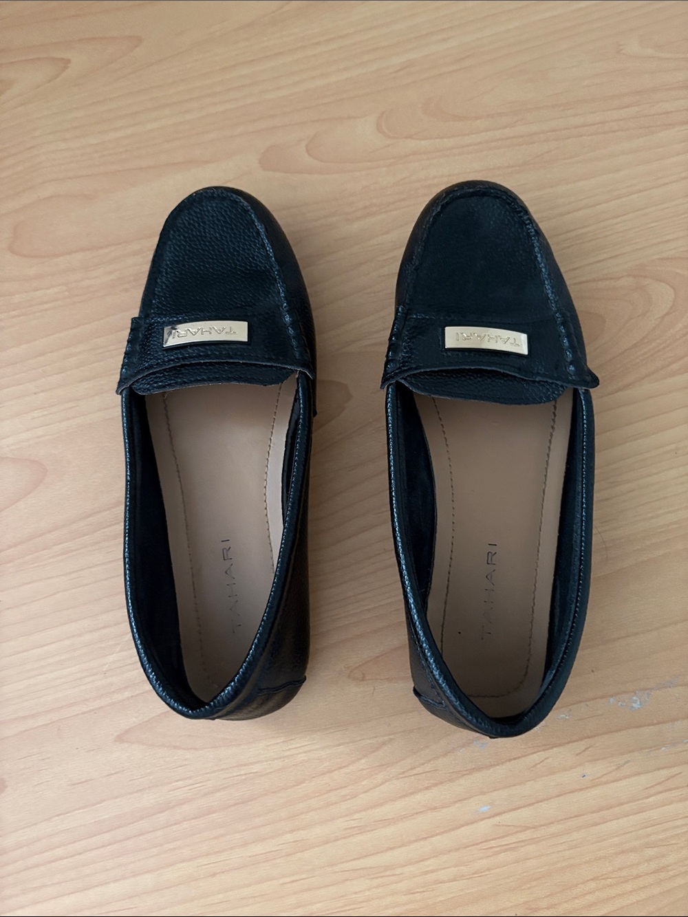 Tahari Black Leather Loafers with Gold Plaque Accent